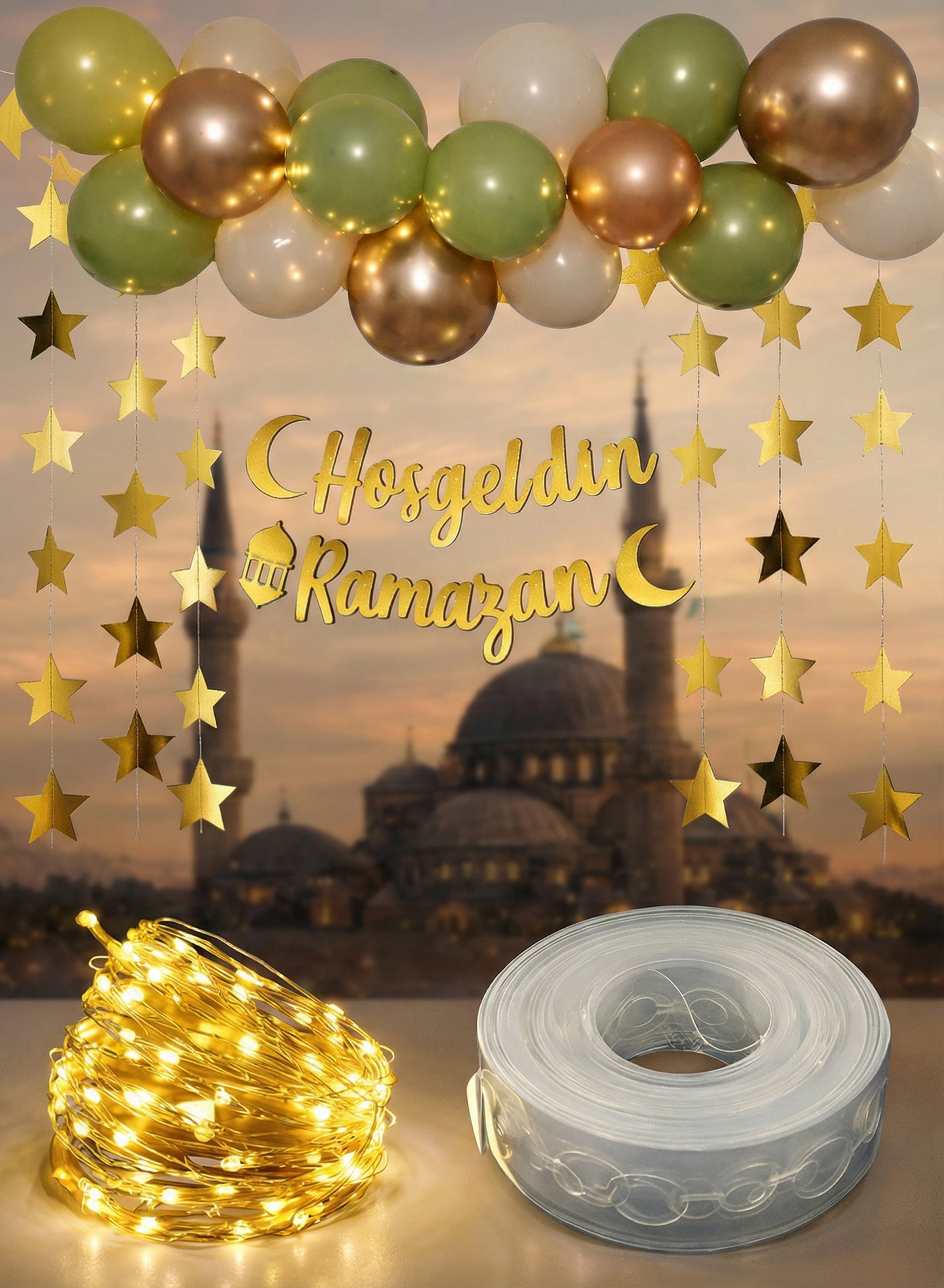 Hoş Geldin Ramazan Gold Yazı Ledli Zincirli Balon Seti