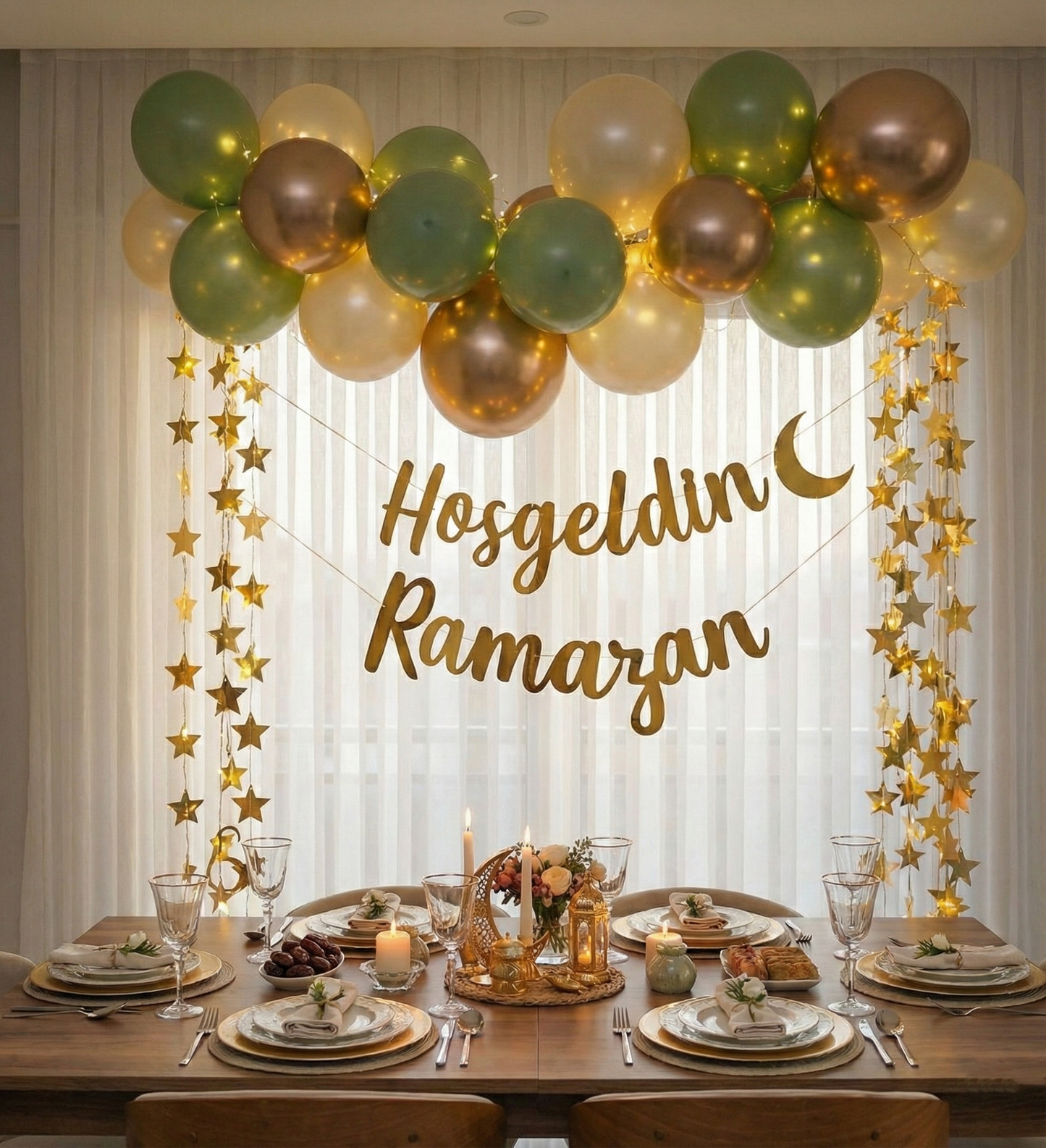 Hoş Geldin Ramazan Gold Yazı Ledli Zincirli Balon Seti