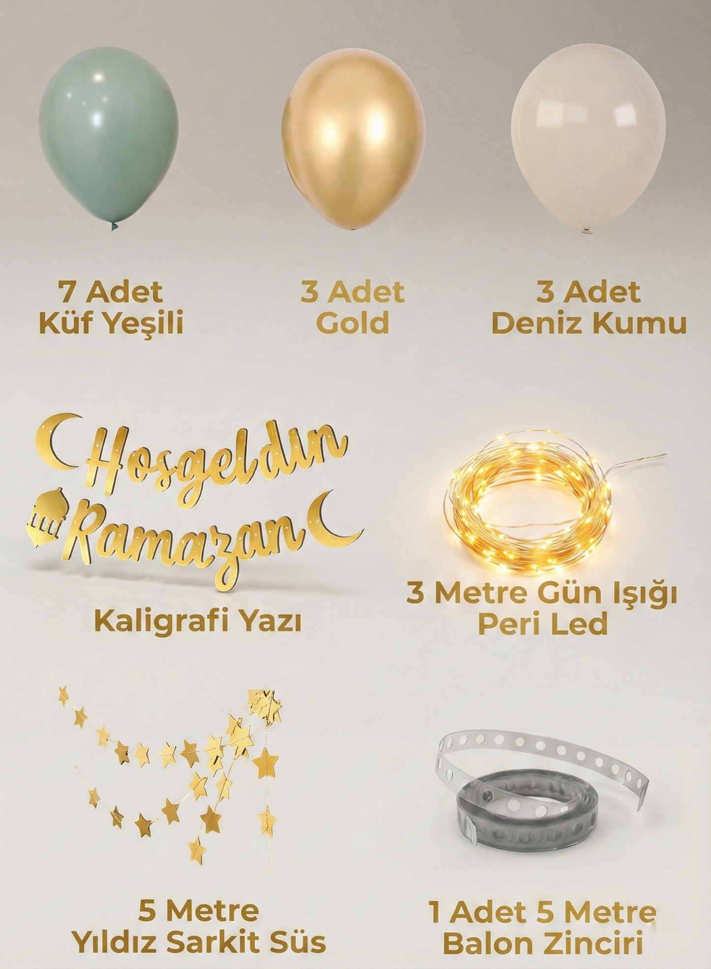 Hoş Geldin Ramazan Gold Yazı Ledli Zincirli Balon Seti