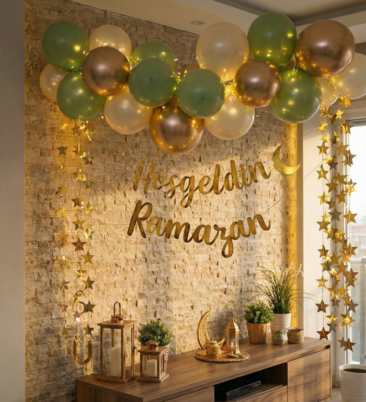 Hoş Geldin Ramazan Gold Yazı Ledli Zincirli Balon Seti